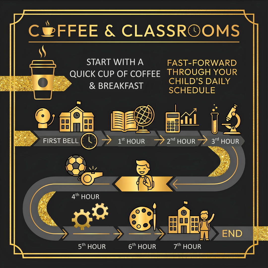 Infographic titled "Coffee & Classrooms" outlining a school daily schedule. A winding gold path connects icons for coffee and breakfast, first bell, 1st through 3rd hours (academics and science), 4th hour (sports), 5th hour (cogs/machinery icon), 6th hour (art), 7th hour (school end with a waving student), and the final bell.